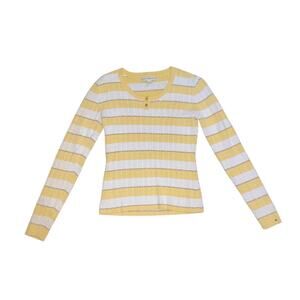 Tommy Hilfiger White Yellow Striped Henley Sweater Top Medium Preppy Casual Y2K